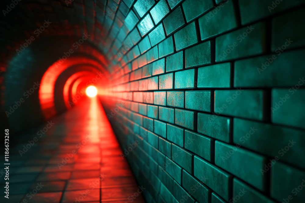 Aufkleber vibrant light shining through an abstract brick tunnel with colorful reflections and depth