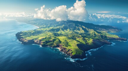 Aerial view of a lush green island surrounded by a vibrant blue ocean under a cloudy sky.