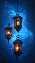 Celestial Lanterns: Three Ornate Lamps Glow in a Night Sky