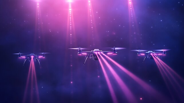 Futuristic drones in flight, laser beams, vibrant lights, night sky background
