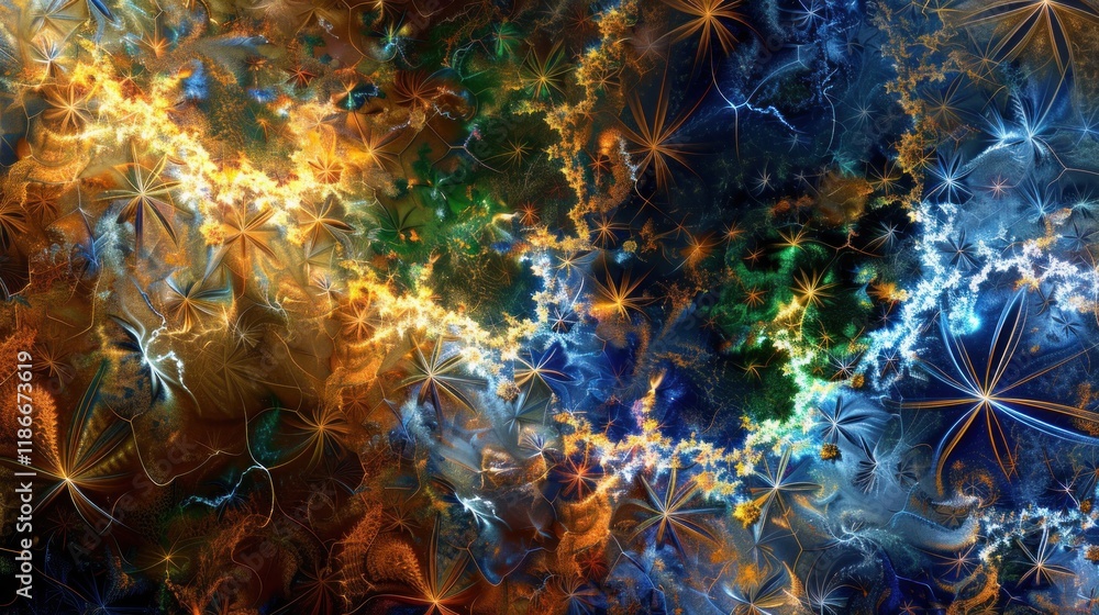 Poster abstract fractal art with swirling colors and star-like patterns.