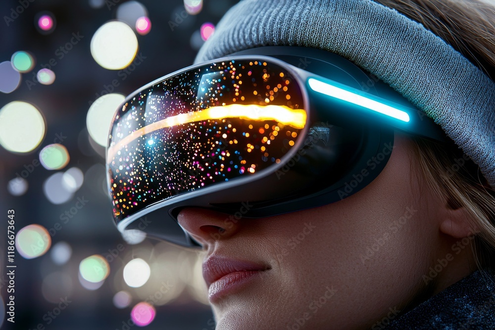 Poster close-up of person exploring virtual reality in detail with colorful light reflections
