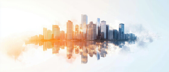 Fototapeta premium stunning city skyline reflecting on water at sunrise, showcasing modern architecture
