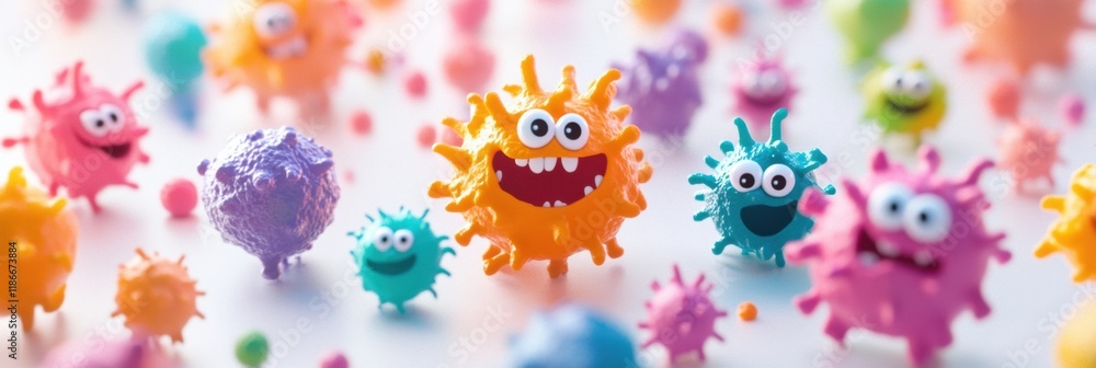 Aufkleber Bright cheerful microbes with eyes and smiles creating a joyful atmosphere in a colorful environment. Generative AI