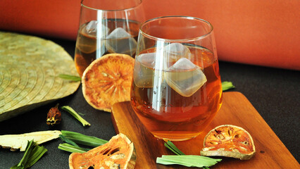 Close up Glass of Dried Bael Tea