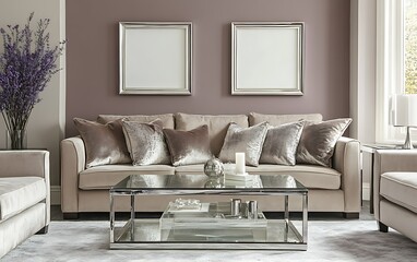Modern living room interior design, beige sofa, mauve walls, elegant decor, home staging