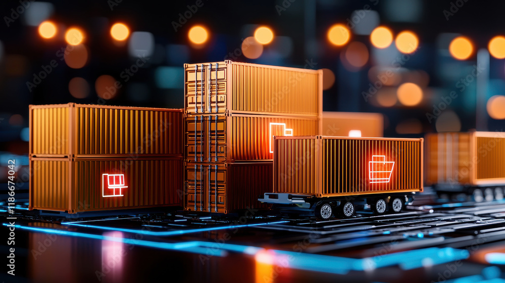 Leinwandbilder conceptual image of interconnected global markets with shipping containers and digital elements. sce