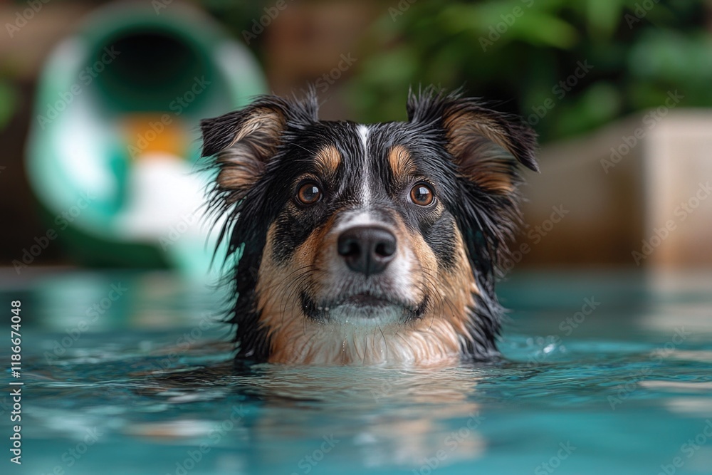 Poster a happy dog enjoying its time in a pool with a colorful slide in the background, perfect for a fun-f