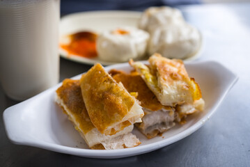 Delicious Taiwanese egg pancake breakfast dish
