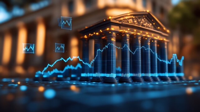 Financial Market Trends Depicted Over Classical Bank Building - Powered by Adobe
