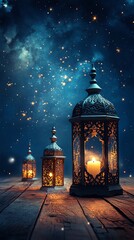 Fototapeta premium Ornate Lanterns Glow Under a Starry Night: A Serene, Mystical Scene