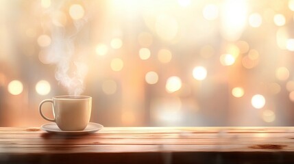 Steaming coffee cup on wooden table with bokeh background.