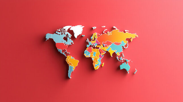 Fototapeta Colorful world map illustration on red background, showcasing various countries in distinct colors, ideal for educational or decorative purposes