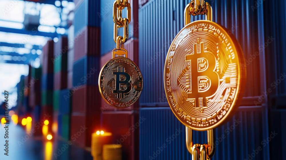Leinwandbilder conceptual image depicting connection between cryptocurrency and global trade, featuring bitcoin coi