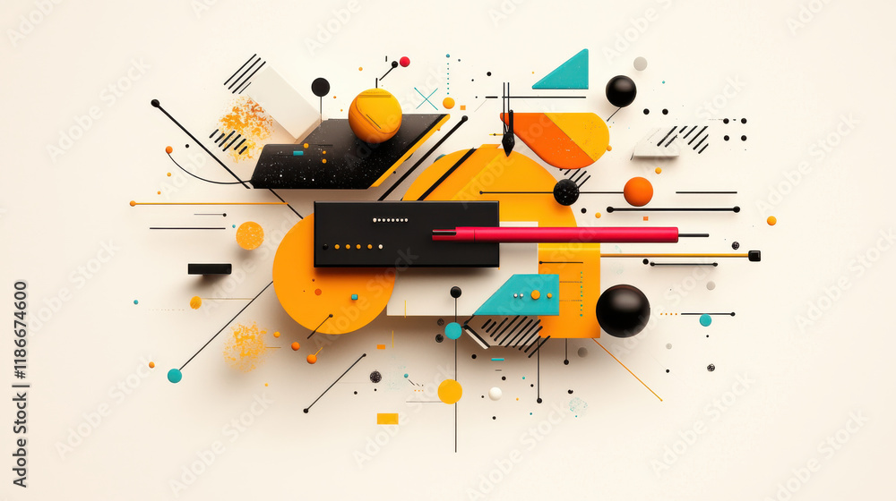 Aufkleber vibrant composition of hand drawn geometric shapes featuring bold colors like orange, black, and tea