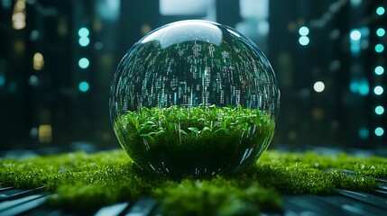 Growing greenery within a digital sphere futuristic urban setting 3d art