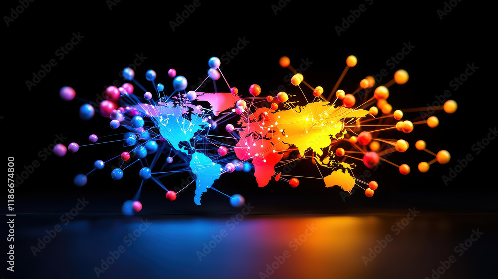 Poster conceptual representation of digitally optimized global network, showcasing interconnected continent