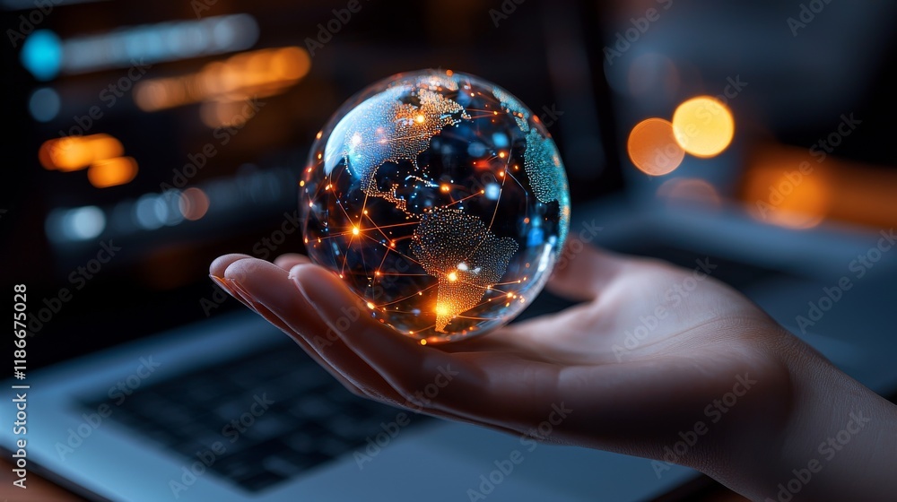Poster futuristic concept of glowing digital globe hovering above a hand in a technological environment
