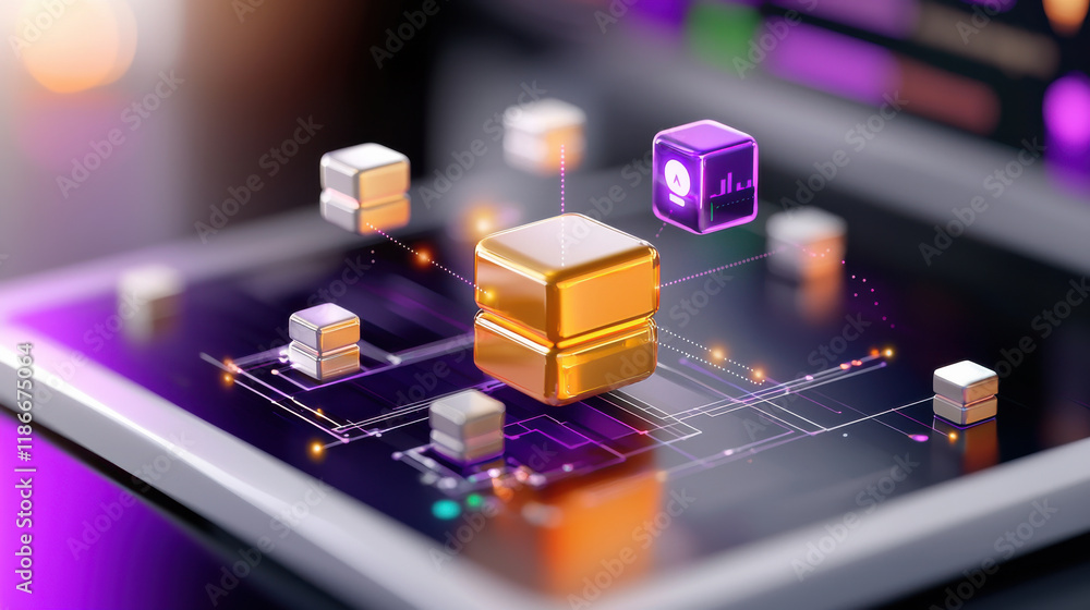 Poster conceptual representation of market analysis with digital blocks, showcasing data visualization and 