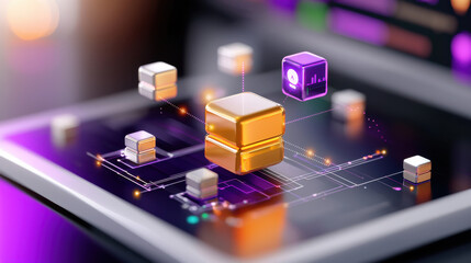 Conceptual representation of market analysis with digital blocks, showcasing data visualization and technology integration in vibrant, futuristic setting