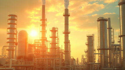 Fototapeta premium Sunset over industrial refinery skyline, emphasizing efficient energy production, modern technology, and sustainable engineering advancements in manufacturing.