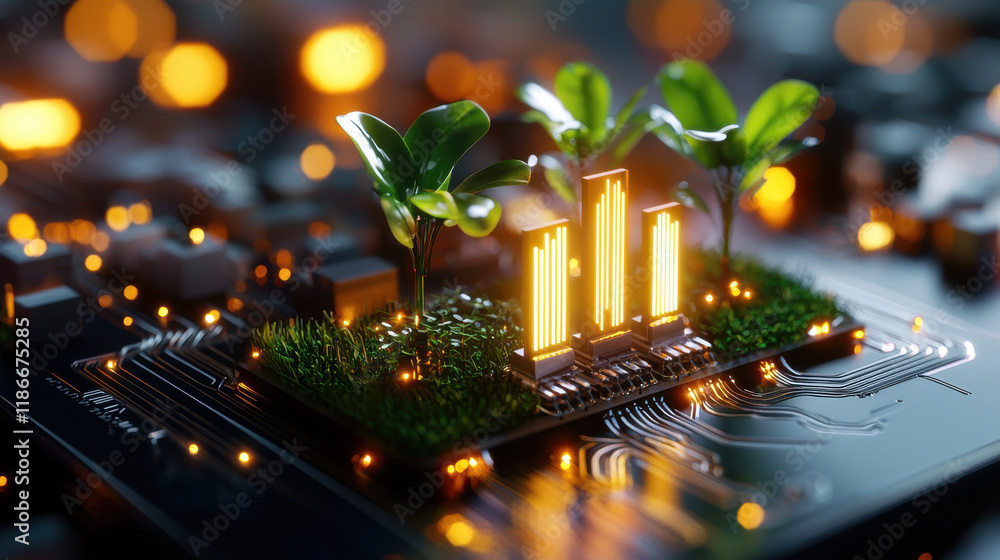 Poster conceptual visualization of energy growth featuring glowing plants on circuit board, symbolizing fusion of technology and nature. This evokes innovation and sustainability