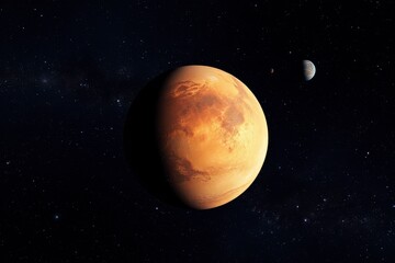 Mars appears vivid with its iconic reddish hue alongside one of its moons in the backdrop of deep space.