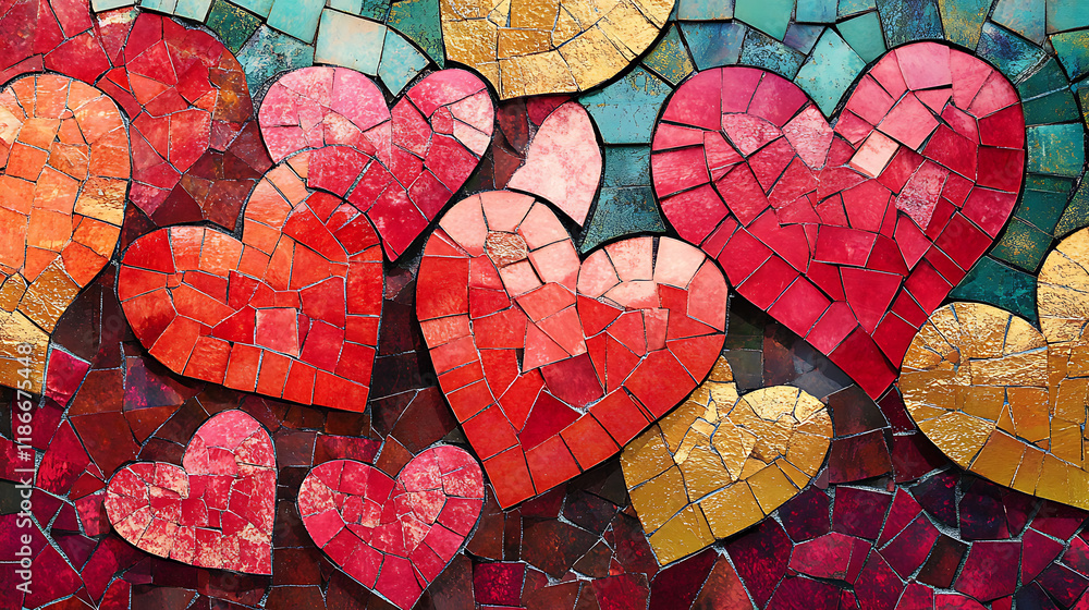 Poster a colorful mosaic of heart-shaped tiles creating a stunning mural, with intricate patterns and vibra