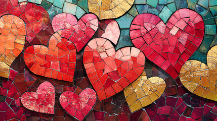 A colorful mosaic of heart-shaped tiles creating a stunning mural, with intricate patterns and vibrant hues of red, pink, and gold. 