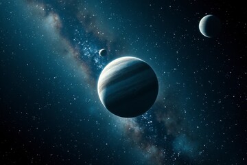 Mercury stands out amidst neighboring planets, illuminated by distant stars and a vivid cosmic background, showcasing the beauty of the solar system.