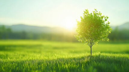 Obraz premium Lush green landscape with vibrant tree basking in sunlight, showcasing nature's beauty and tranquility. Perfect for serene outdoor inspiration.