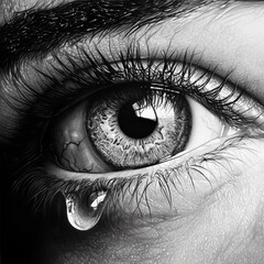 Obraz premium Hyper-realistic Black and White Close-up of a Single Eye with Tear Droplet
