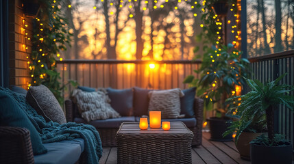 Twilight Balcony Ambiance on a Cozy Balcony with Lights