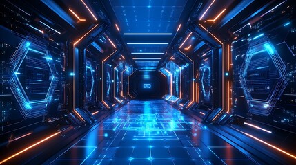 Fototapeta premium Futuristic digital corridor sci-fi setting 3d environment virtual space