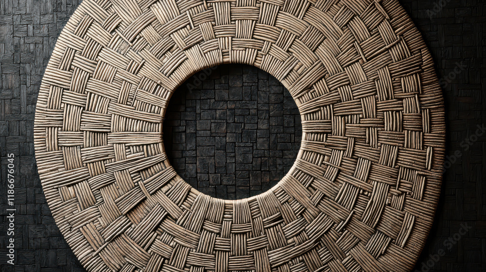 Poster Woven circular mat with intricate patterns on dark textured background, showcasing craftsmanship and design. Perfect for home decor or interior styling