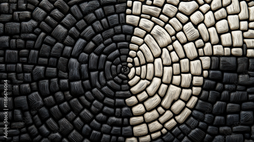 Leinwandbilder Textured black and white geometric pattern with circular design, creating striking visual contrast. intricate arrangement of shapes adds depth and interest to composition