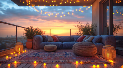 Twilight Balcony Ambiance on a Cozy Balcony with Lights
