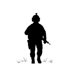 Silhouette of Soldier Marching with Gear and Rifle