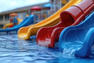 A close-up view of a water slide in a pool, ideal for use in travel or recreational settings