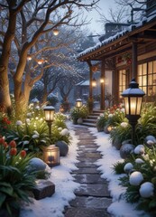 Obraz premium A beautifully decorated winter garden with snow-covered lanterns and ornaments, icy landscape, wintery ambiance