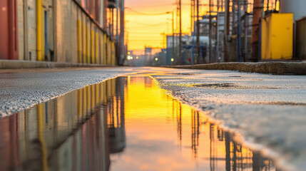 Explore urban reflections at sunset with this stunning alleyway photo, capturing golden hues and architectural perspectives beautifully.