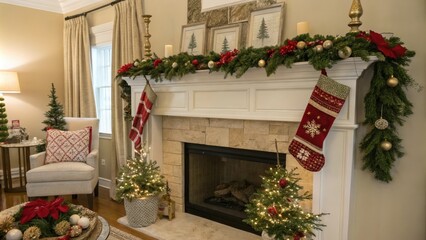 Fototapeta premium A beautifully decorated mantel with garland, stockings, and a festive centerpiece in a cozy living room, warm ambiance, festive centerpiece