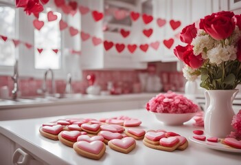 A bright kitchen decorated for Valentine's Day, with heart-shaped cookie trays on the counter, pink flowers in a vase, and mini red-and-white banners across the cabinets