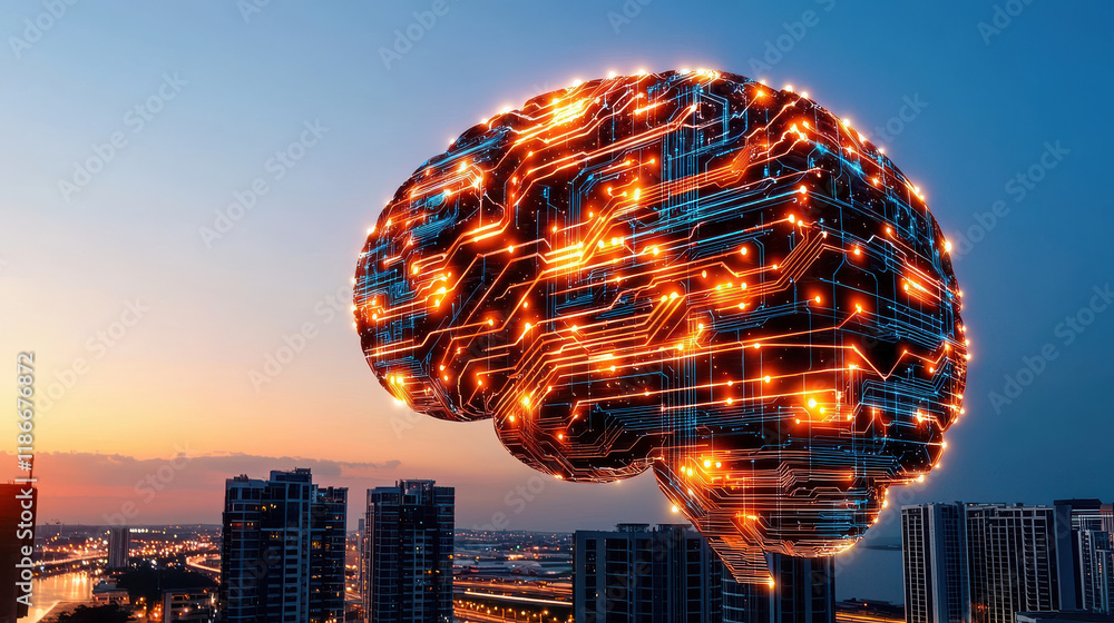 Poster creative concept of intelligence depicted by glowing brain with circuits, symbolizing technology and