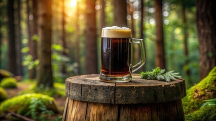 Naklejka premium A beautifully crafted wooden beer mug filled with dark brown stout beer sitting alone on a wooden stump in a dense forest, forest, atmosphere, wilderness, tranquility