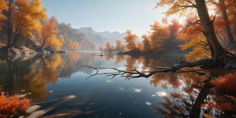 A bare branch floating on the surface of a tranquil lake with autumnal surroundings , autumn foliage, bare branch, peaceful atmosphere