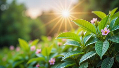 Close-up of leaves and flowers glistening with raindrops, warm sunlight illuminating a calm atmosphere after rain