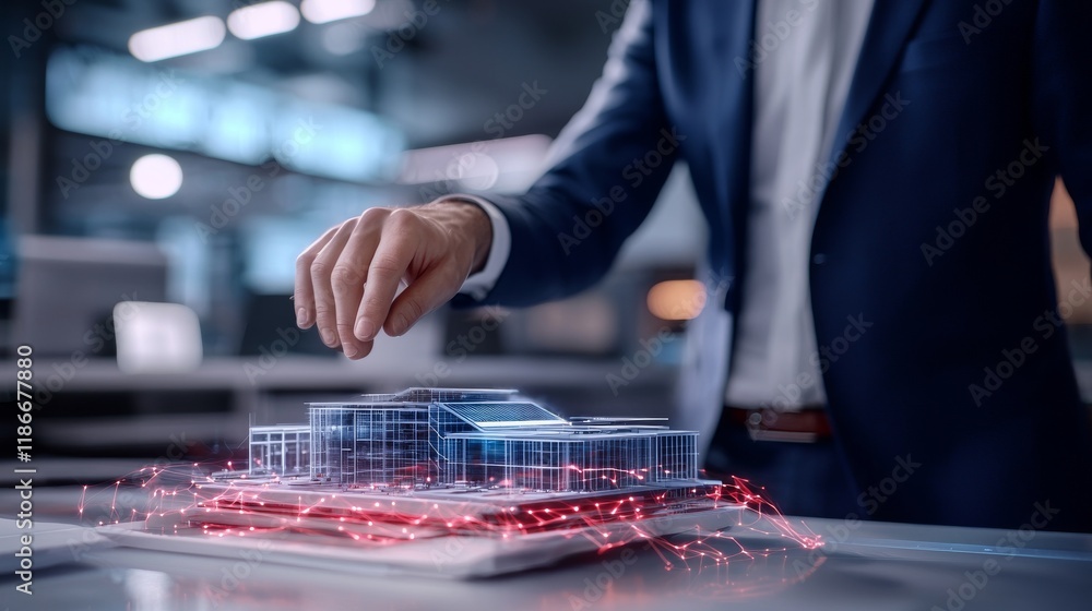 Poster professional architect interacting with futuristic building model in modern workspace