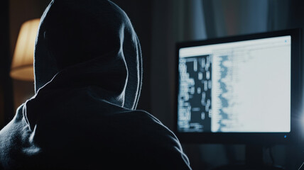 A hacker’s face hidden by a hoodie, staring at a screen filled with encrypted data, red warning messages, and cyberattack threats, creating a sense of digital danger.
