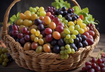 A large basket filled with a variety of colorful grapes , product, yellow grape, green grape